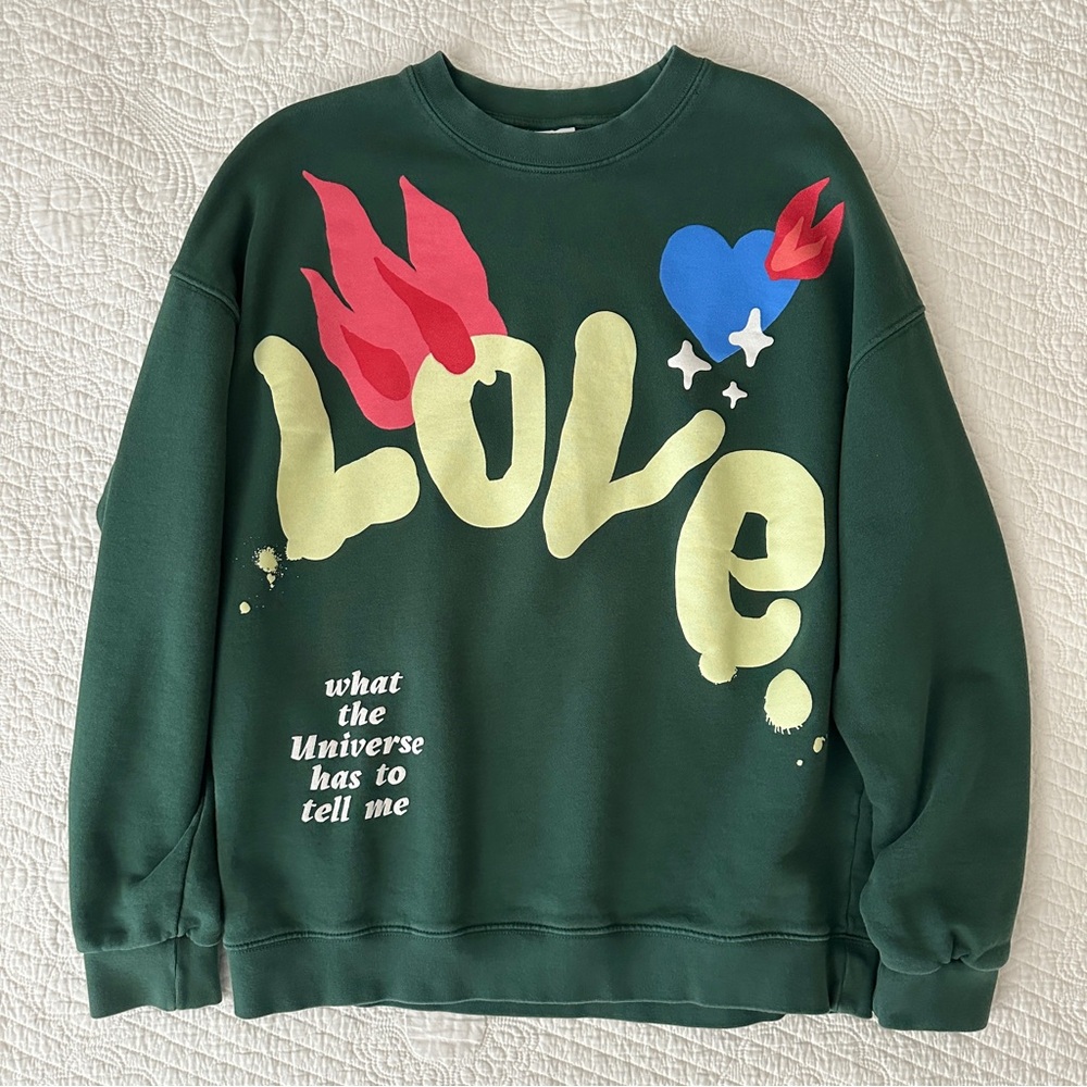 Zara Men's Green LOVE Graphic Sweatshirt Crewneck Pullover Small